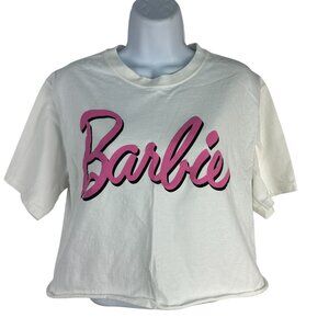 Barbie Womens White & Pink Logo Crop T-Shirt Size M 100% Cotton By C-Life Group
